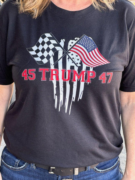 Trump 45 47 USA Flag and Checkered Flag